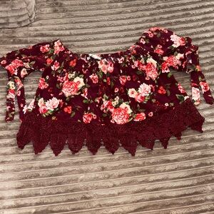 Iris Burgundy Floral Crop Top with Lace Detail